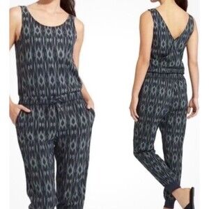 Athleta Ikat Sleeveless Jumpsuit Athletic Athleisure Jogger Navy Print Sz 12